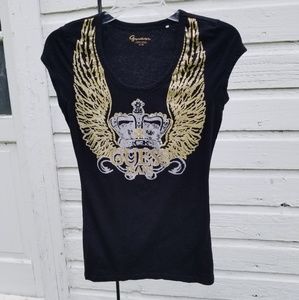 Guess tee shirt size medium black gold embellished
